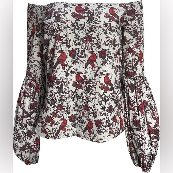 Caroline Constas off the shoulder red white floral damask bird top size Small - Picture 2 of 11